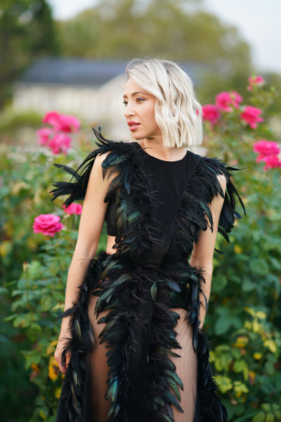 Black Dress with Feathers and Velour