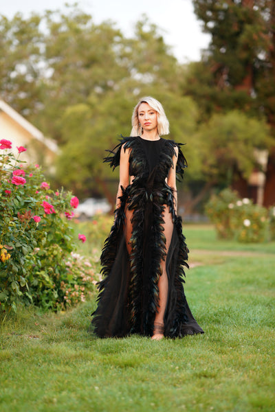 Black Dress with Feathers and Velour