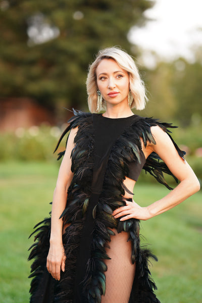 Black Dress with Feathers and Velour