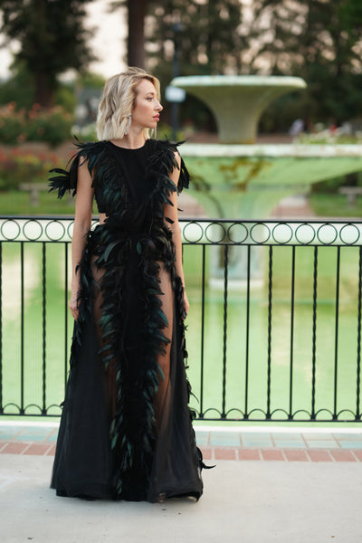 Black Dress with Feathers and Velour