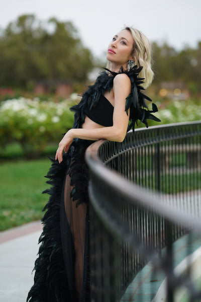 Black Dress with Feathers and Velour