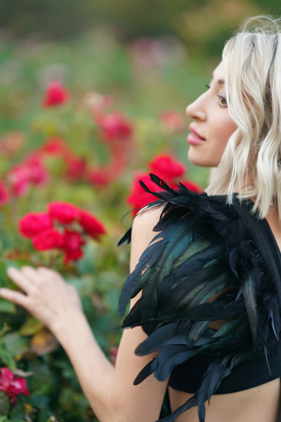 Black Dress with Feathers and Velour