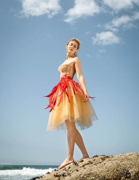 Prom Dress with Corset, Feathers and Crystals, Naked Dress, Custom Made