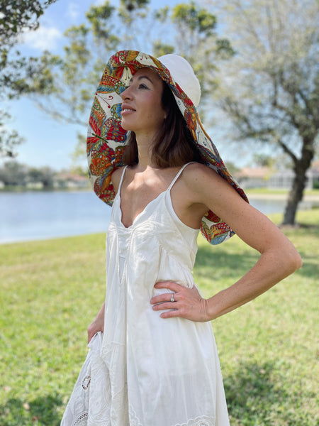 Reversible Hat with Butterflies, Ecru