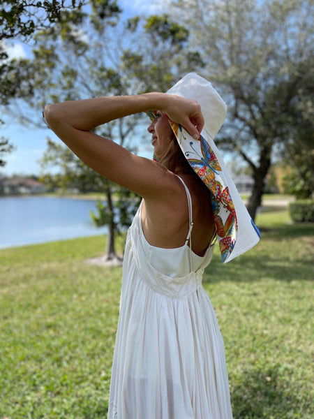 Reversible Hat with Butterflies, Ecru