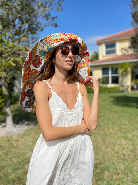 Reversible Hat with Butterflies, Ecru