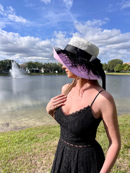 Heart Shaped Derby Hat with Lace and Feathers