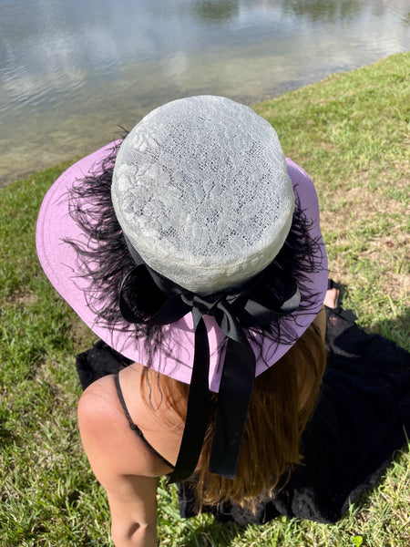 Heart Shaped Derby Hat with Lace and Feathers