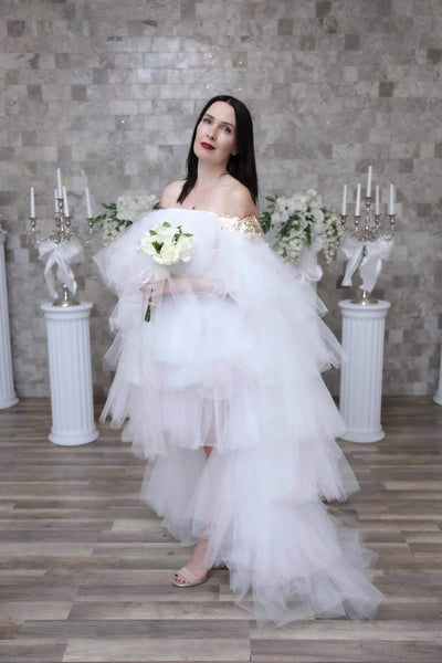 Wedding Dress with Open Shoulders, Gold Metallic Embellishment