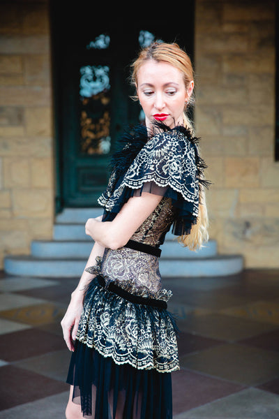 Lace and Feathers Dress in Black and Gold