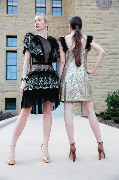 Lace and Feathers Dress in Black and Gold