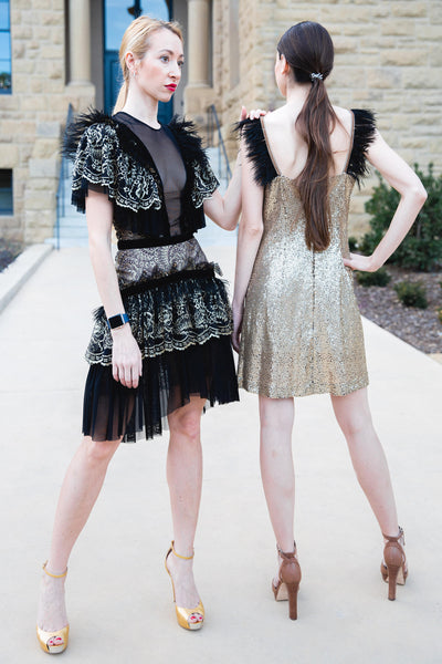 Lace and Feathers Dress in Black and Gold