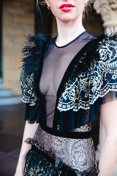 Lace and Feathers Dress in Black and Gold