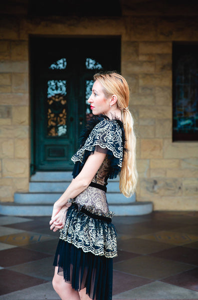 Lace and Feathers Dress in Black and Gold