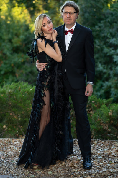 Black Dress with Feathers and Velour