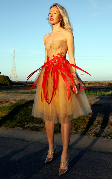 Prom Dress with Corset, Feathers and Crystals, Naked Dress, Custom Made