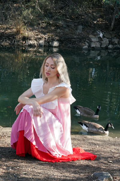 Pleated Dress in Pink with Square Neck Lane