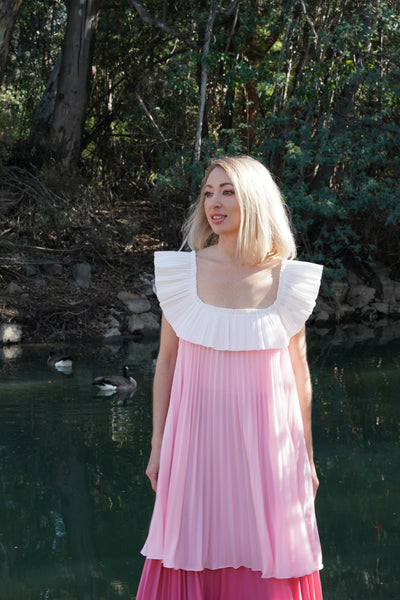 Pleated Dress in Pink with Square Neck Lane