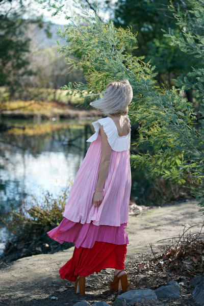 Pleated Dress in Pink with Square Neck Lane