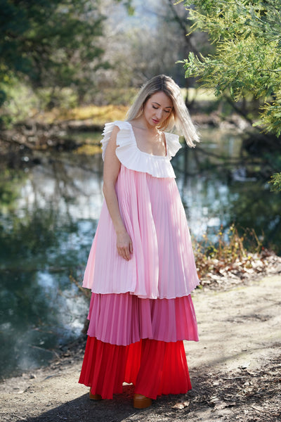 Pleated Dress in Pink with Square Neck Lane