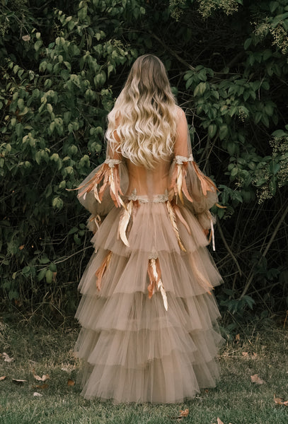 Beige Dress with Gold Feather
