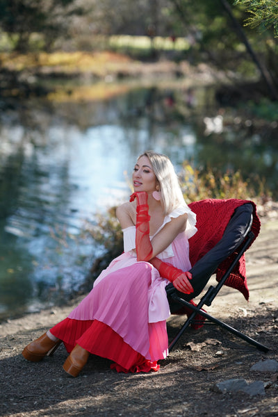 Pleated Dress in Pink with Square Neck Lane