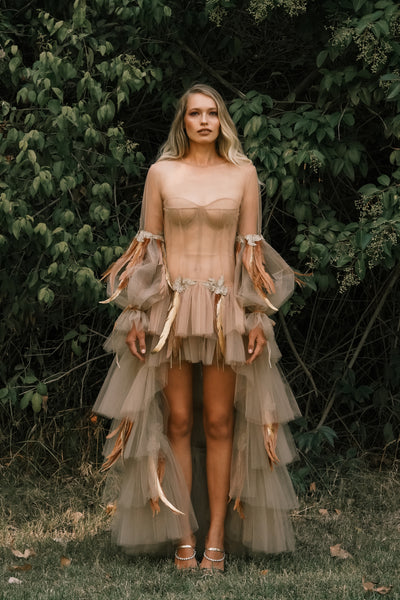 Beige Dress with Gold Feather