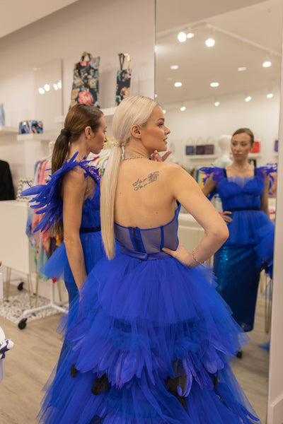 Royal Blue Tulle and Feather Dress