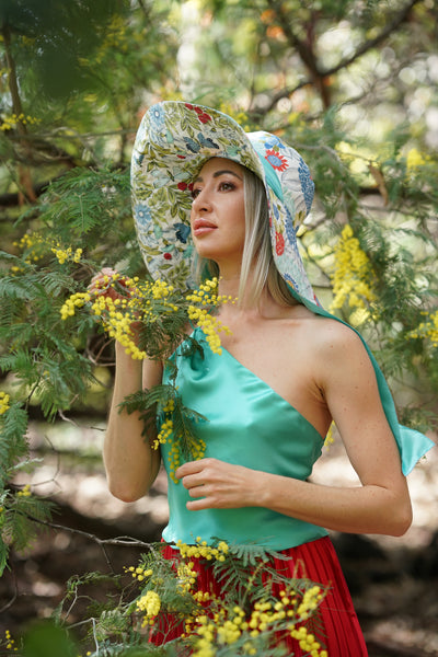 Reversible Floral Print Fedora Hat with Wide Brim