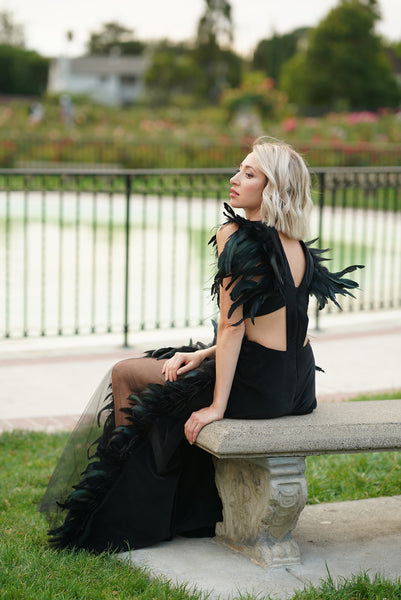 Black Dress with Feathers and Velour