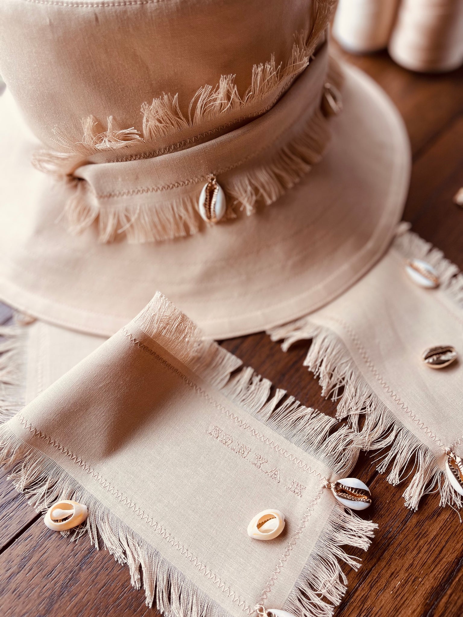 Beige & Ecru Reversible Hat with Fringe Ribbon