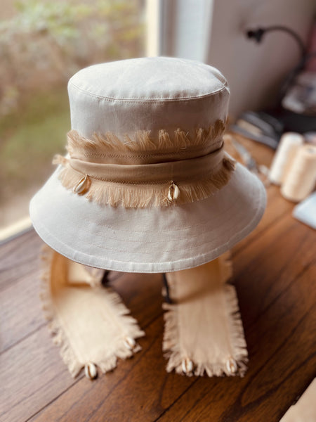 Beige & Ecru Reversible Hat with Fringe Ribbon