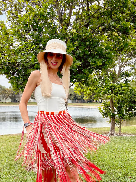 Beige & Ecru Reversible Hat with Fringe Ribbon