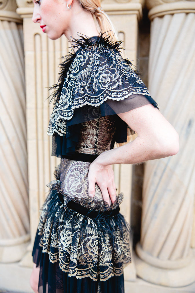 Lace and Feathers Dress in Black and Gold sonyakirshin Lace and Feathers Dress in Black and Gold sonyakirshin