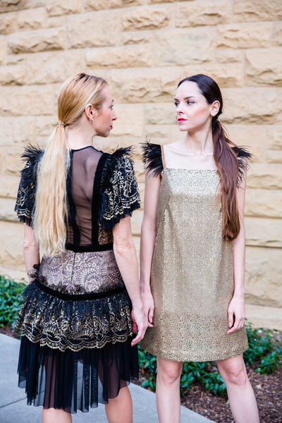 Lace and Feathers Dress in Black and Gold