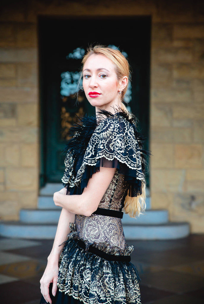 Lace and Feathers Dress in Black and Gold sonyakirshin Lace and Feathers Dress in Black and Gold sonyakirshin