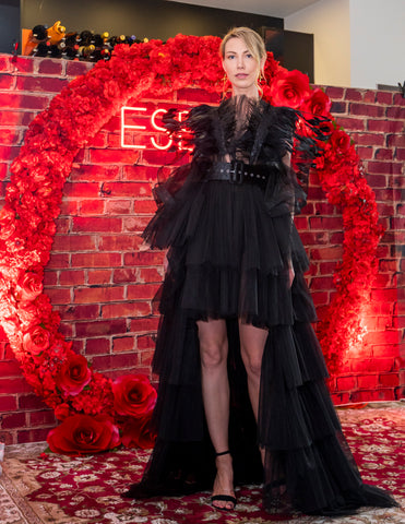 Black Dress with Feathers and Removable Train