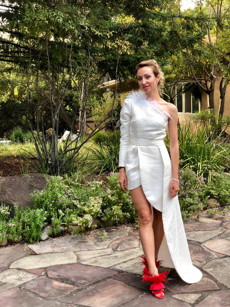 White Couture Asymmetrical Dress With Feathers
