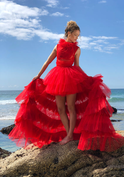 Red Couture Feathers Dress with Removable Train