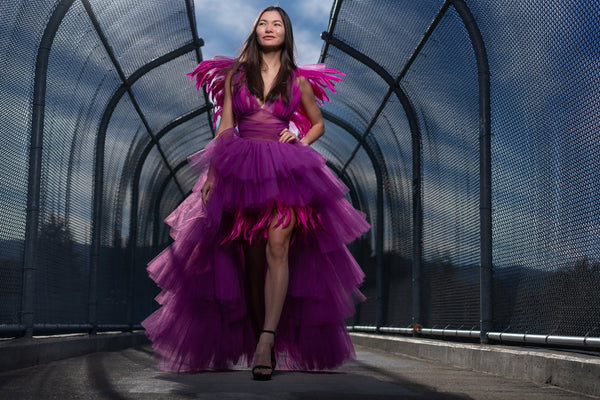 Fuchsia Tulle Dress with Feathers, Made to Order