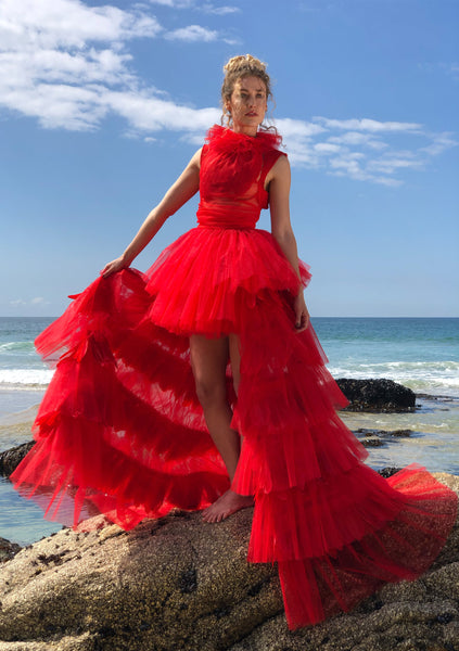 Red Couture Feathers Dress with Removable Train