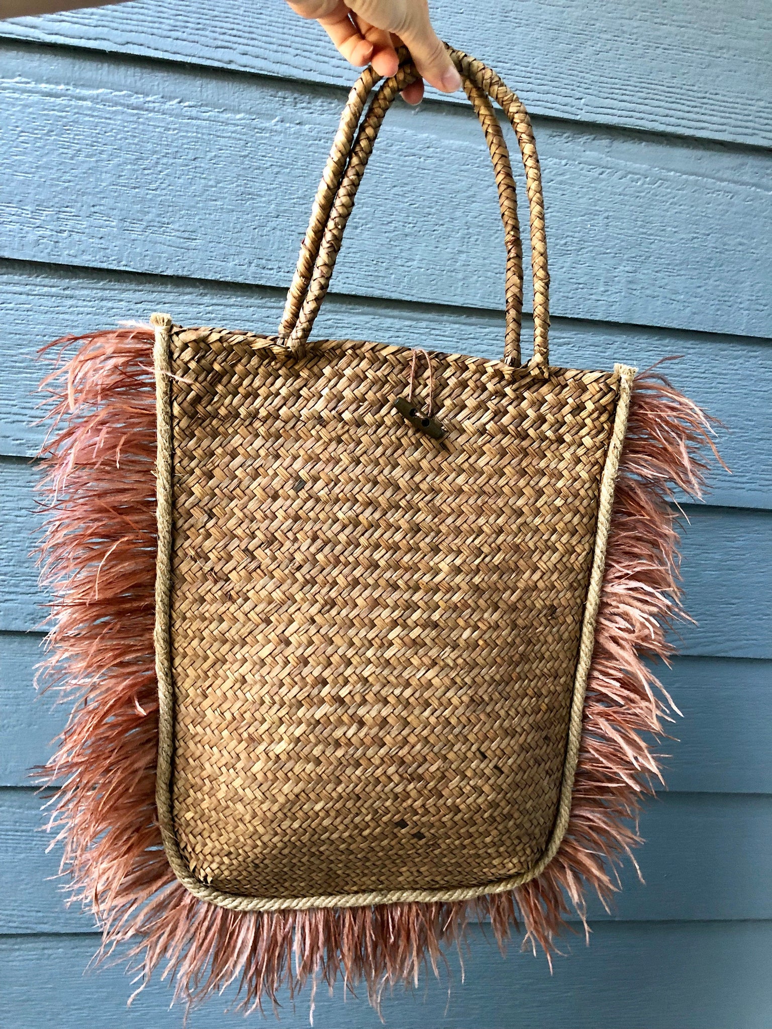 Straw Bag with Feathers