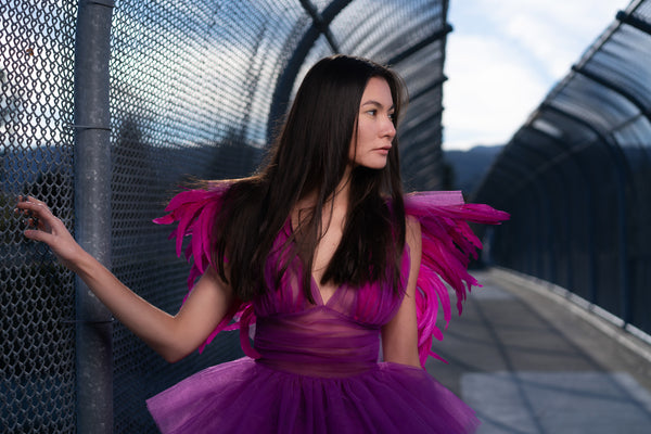 Fuchsia Tulle Dress with Feathers, Made to Order