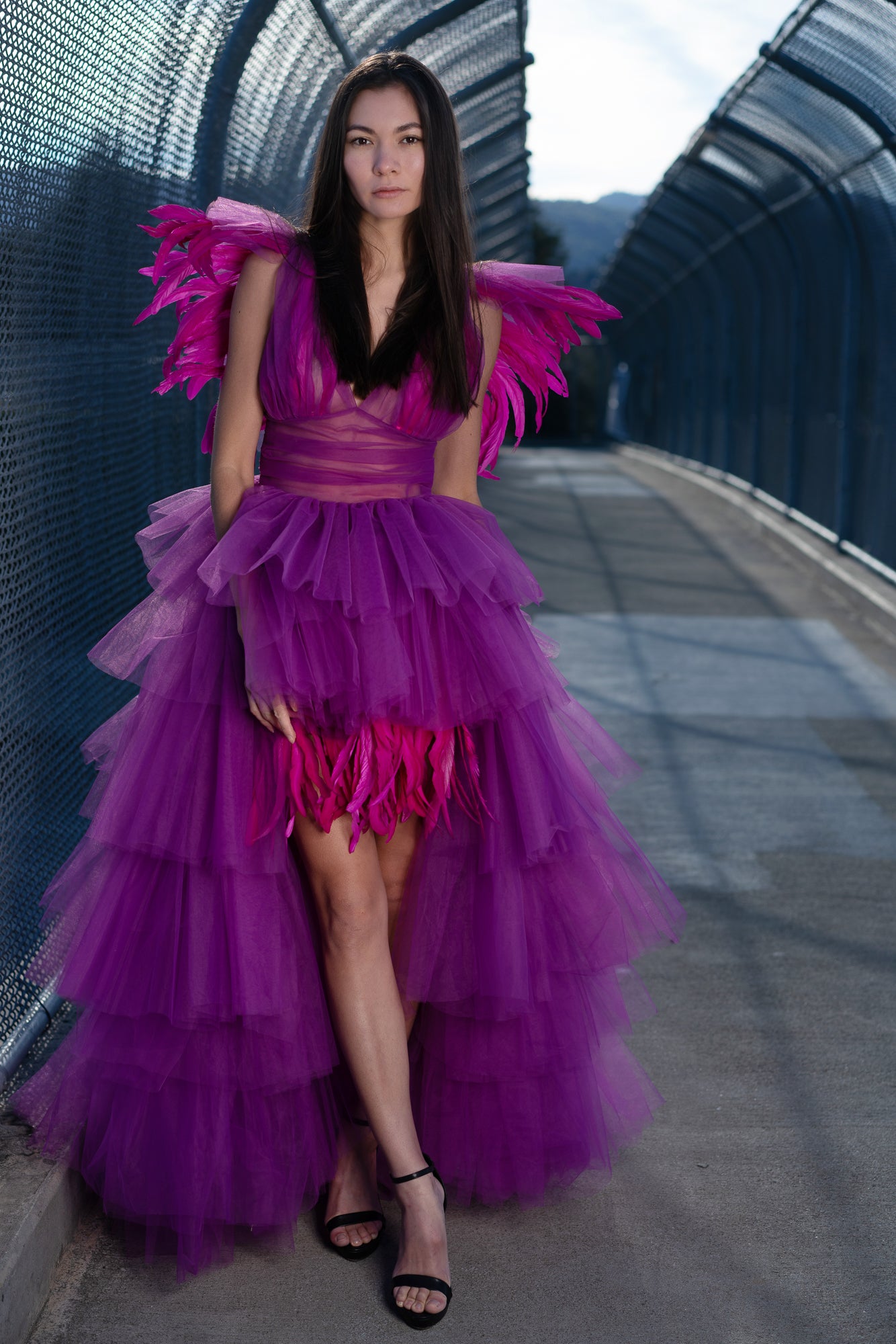 Fuchsia Tulle Dress with Feathers, Made to Order