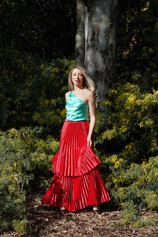 Pleated Skirt in Red Satin