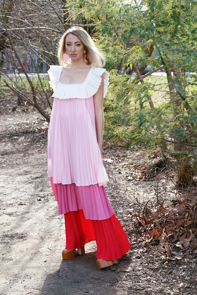 Pleated Dress in Pink with Square Neck Lane